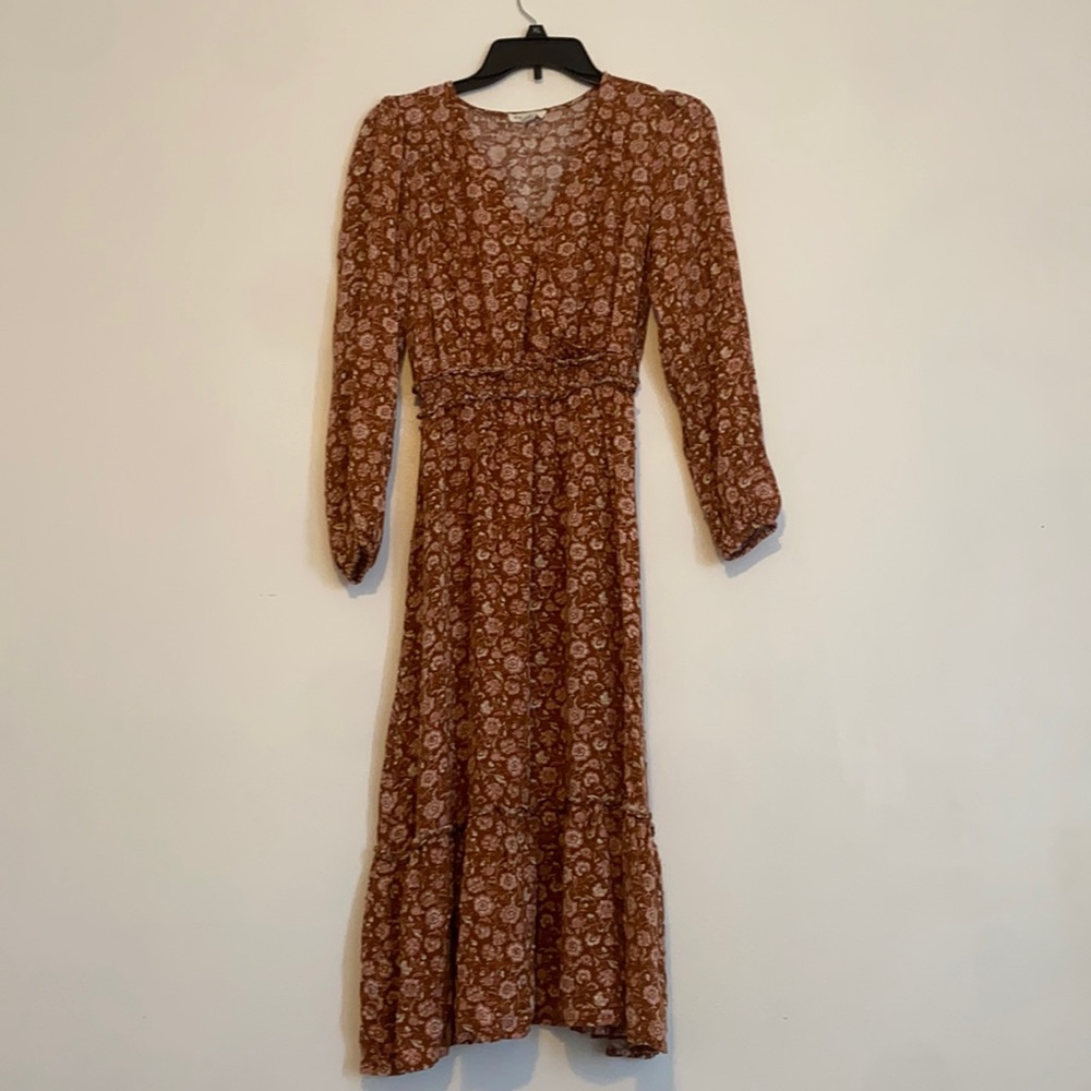Versona rust colored floral, midi, long sleeve dress